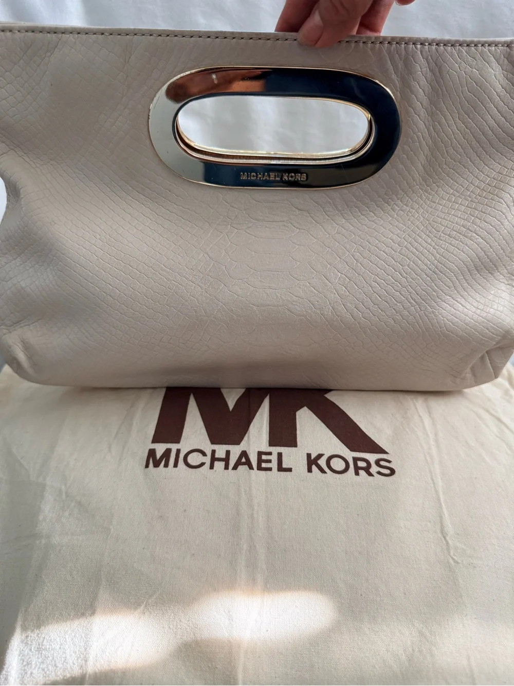 Michael Kors Ivory Leather Handheld Clutch with Gold-Tone Handle